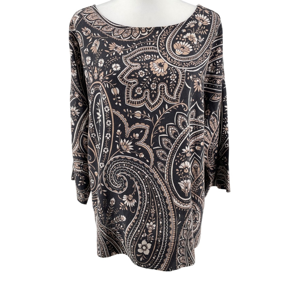 Soft Surroundings Top Womens Large Black Tan Western Boho Artsy Soft Linen Blend